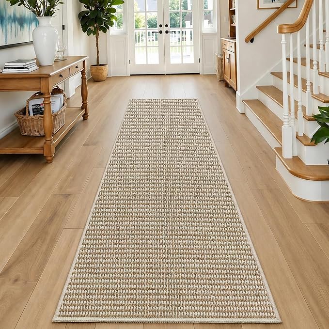 Faux Jute Hallway Runner Rug 2'x6', Washable & Non-Slip, Taupe & White | 0.27" - Image 6