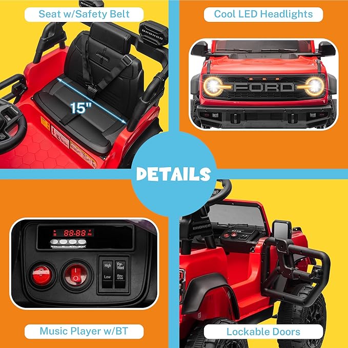 ENYOPRO 12V Kids Ride On Car with Remote Mode, Licensed Ford Bronco Raptor Electric Car for Toddlers, Battery Powered Ride On Toy Truck w/2 Speed, Working Headlights, Music Player, Radio (Red)