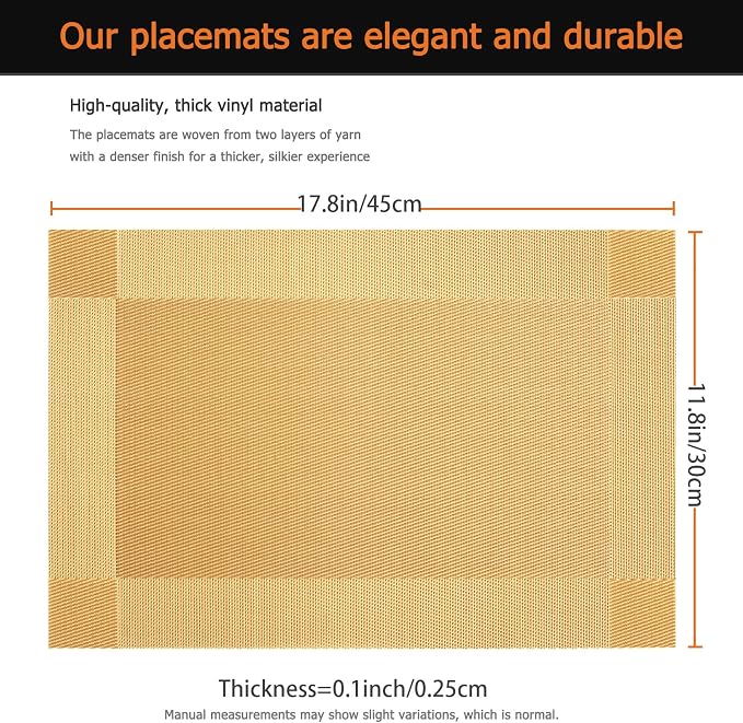 Gold Vinyl Placemats Set of 8, Heat Resistant Table Placemats | 18x12 inch - Image 3