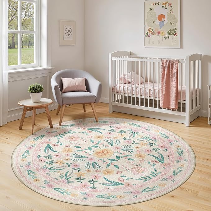 Pink Floral Round Rug 6ft, Washable Boho Circle Area Rug by Dadasgk