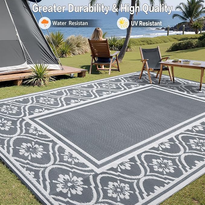 HUGEAR Outdoor Rug 9'x12' Patio Waterproof Mat Camping Carpet Outside Area Rug - Image 4