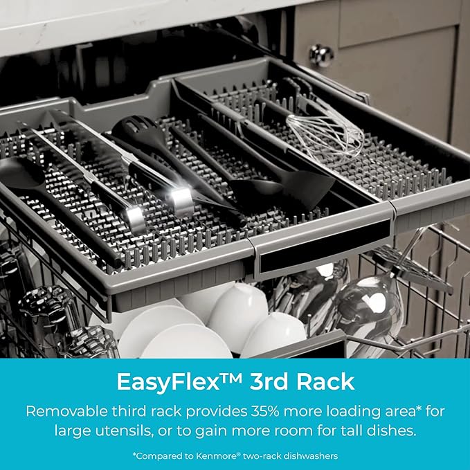 Kenmore 18" Built-in Stainless Steel Tub Dishwasher EasyFlex 3rd, SmartWash, UltraWash Plus, TurboDry, MoreSpace Adjustable Rack, Energy Star Certified, White