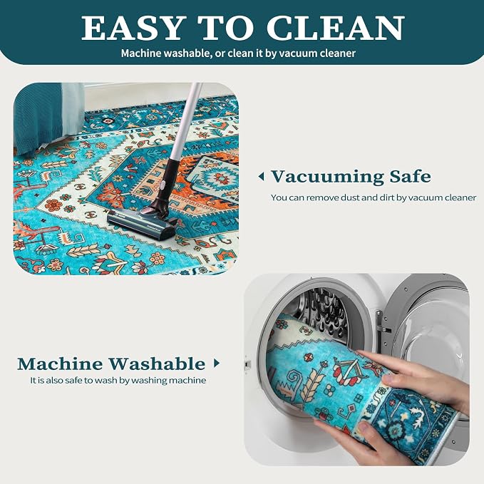 SERISSA 4x6 Boho Bedroom Rug, Washable Non Slip Vintage Blue Area Rugs - Image 2