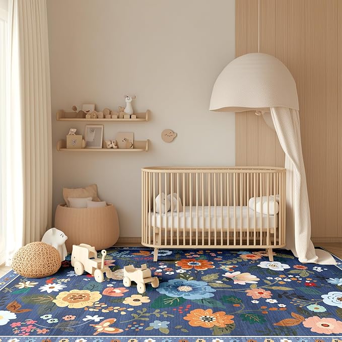 Floral 9x12 Area Rug Machine Washable Soft Print Boho Carpet Non Slip Doormat Low Pile Flower Area Rugs for Living Room Bedroom Nursery Kitchen Dining Room Indoor-Blue/Grey