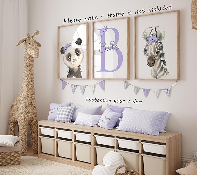 Personalized Safari Animals for Baby Girls Nursery, Set of 3 Unframed Poster Prints, Personalized Name Pink Lilac Floral, Girls Bedroom Decor, Elephant Giraffe (8x10)