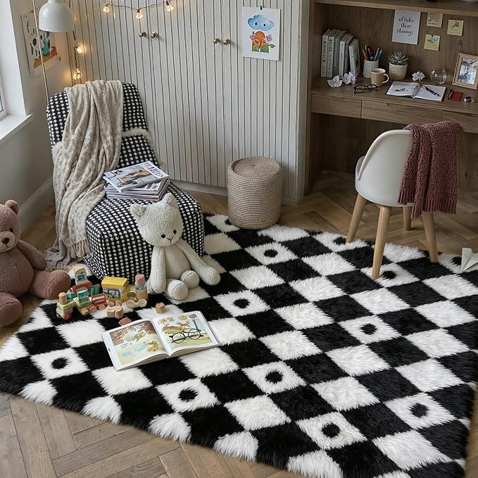 PureCozy Checkered Rug 4x6 Fluffy Shag Living Room Black and White Area Rug - Image 3