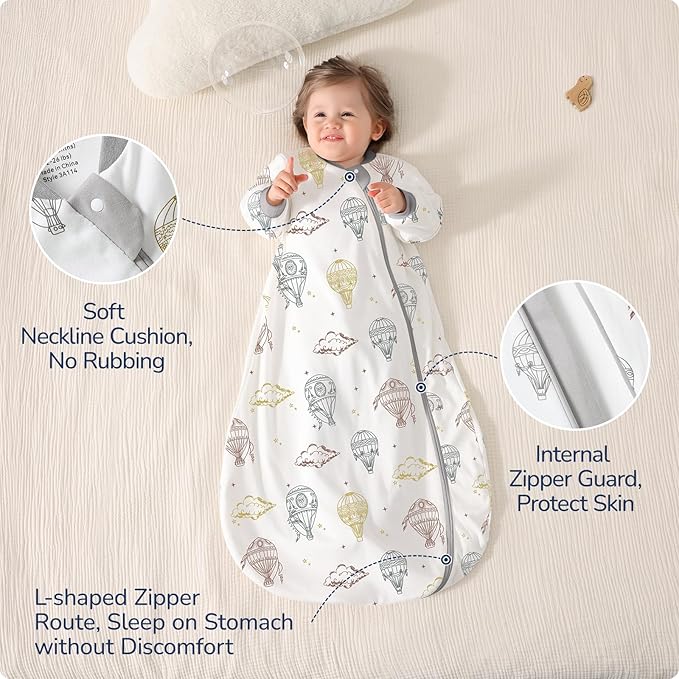 Baby Sleep Sack 6-12 Months, Cotton Detachable Long Sleeve Sleep Sack, 2.5 Tog Toddler Sleeping Sack with Temperature Strips, 2-Way Zipper Wearable Blankets for Newborns, Hot Air Balloon