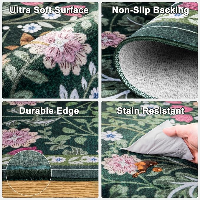 10x12 Area Rugs for Living Room: Floral Washable Rug Vintage Large Soft Boho Non-Slip Carpet Stain Resistant Low Pile Carpets for Bedroom Dining Room Farmhouse Nursery Hallway Home Office Dark Green