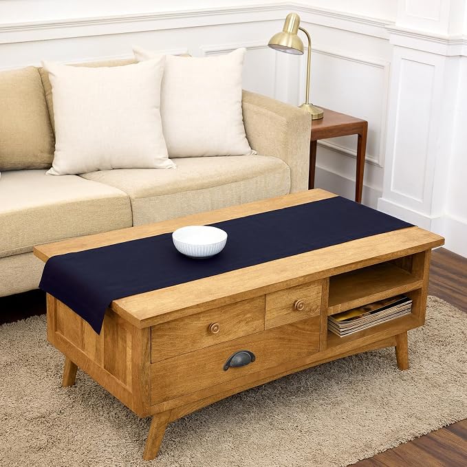 Solino Home 100% Pure Linen Dining Table Runner Navy Woven, Fete 14 x 48 in | by SolinoHome