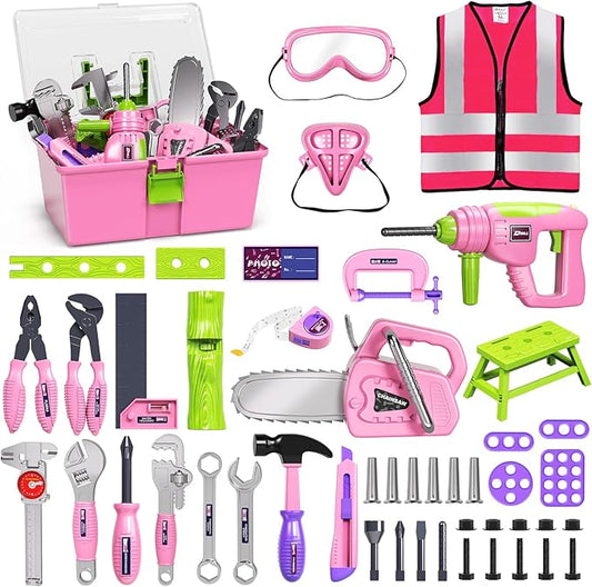 Deejoy 54Pcs Large Kids Tool Set with Electric Saw & Electronic Toy Drill, Pretend Play Kids Construction Set for Toddler 3-5 Years Old, Toddler Tool Set-Pink
