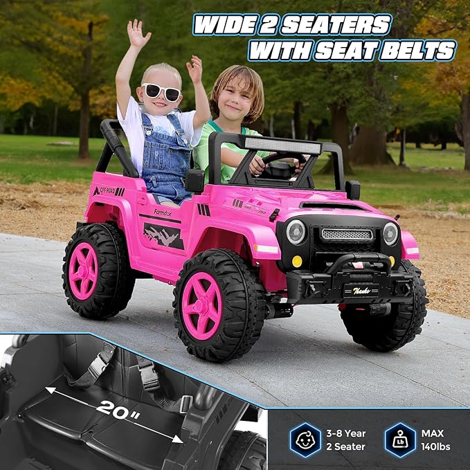 Hikole 24V 2 Seater Ride on Cars for Kids - Remote Control, 20" Spacious Seat, 4WD/2WD Switchable Electric Car with LED Lights, Bluetooth, 3 Speeds, Ride on Toys for Kids 3-8, Hot Pink