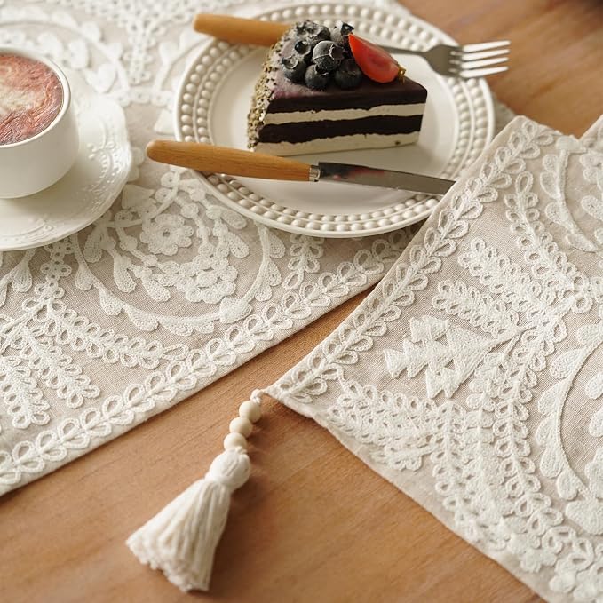 Coffee Table Runner Embroidered Boho Dresser Scarf, 4 Tassel Pendants, Layered - Image 6
