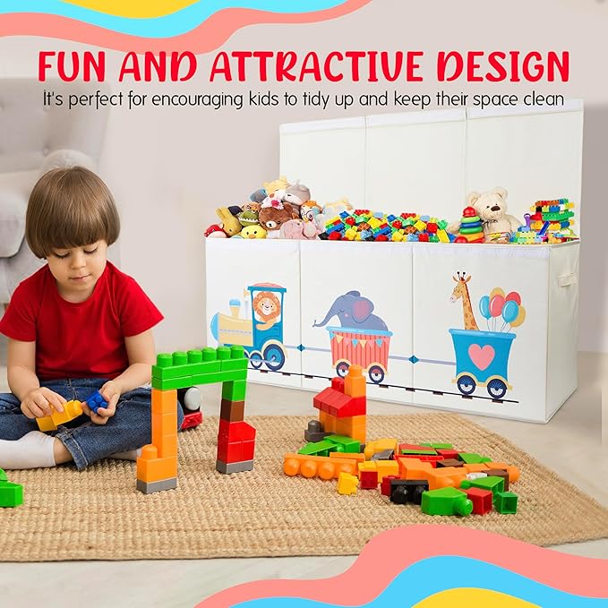 Extra Large Collapsible Sturdy Toy Storage Organizer with Lids, Animal Train Toy Box for Boys Girls, 40"x16"x16", Modern, Beige