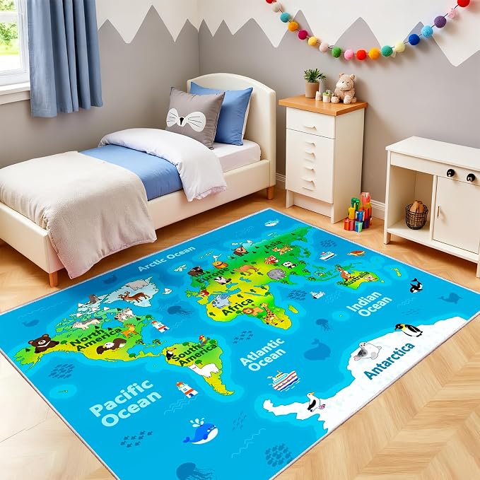Kids Playroom Rug, 7x9ft World Map Play Mat - Image 7