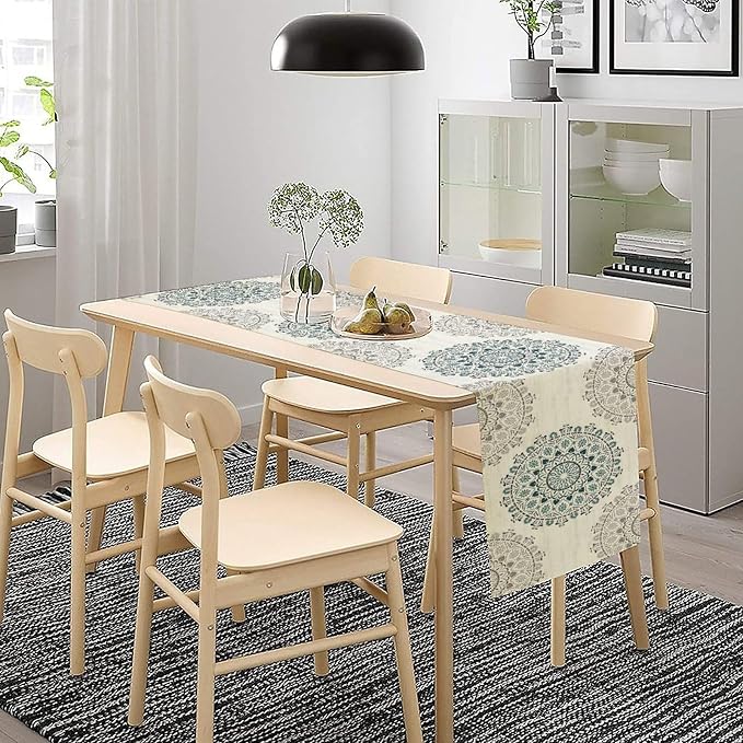 Boho Flower Table Runner, Bohemian Turquoise Mandala White Teal Floral Kitchen - Image 3