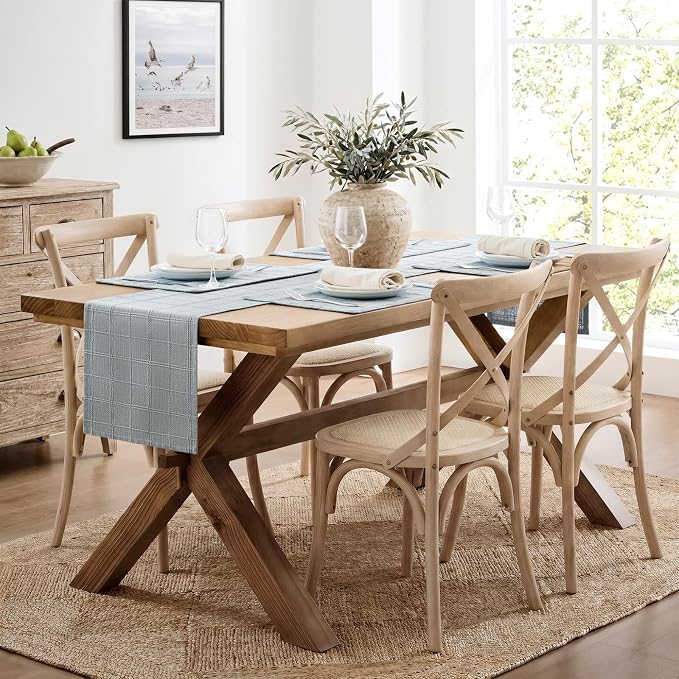 Linen Checked Farmhouse Table Runner, 13x48 Inches Chambray | Raised Grid Design - Image 3
