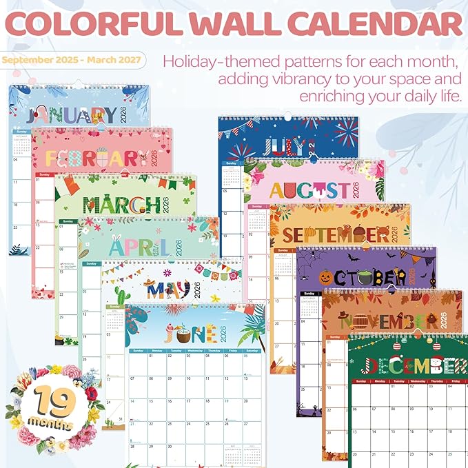 GuassLee Wall Calendar 2025-2026, Vertical Wall Calendar 2026, Sept. 2025 to Mar. 2027, 14" X 11.5" 19-Month Holiday Calendar Hanging Planner Wall for Home School Office Planning & Organizing