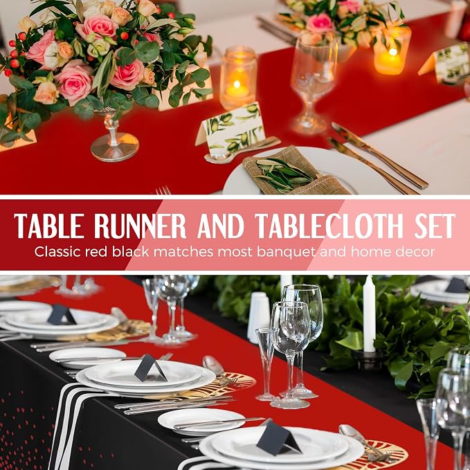 8 Pack Black and Red Disposable Plastic Tablecloths and Satin Table Runner Set - Image 6