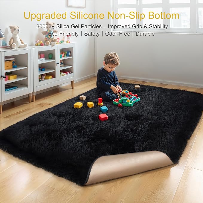 KICHOWUA Thick Area Rug Black Fluffy Shag 6x9 - Image 4