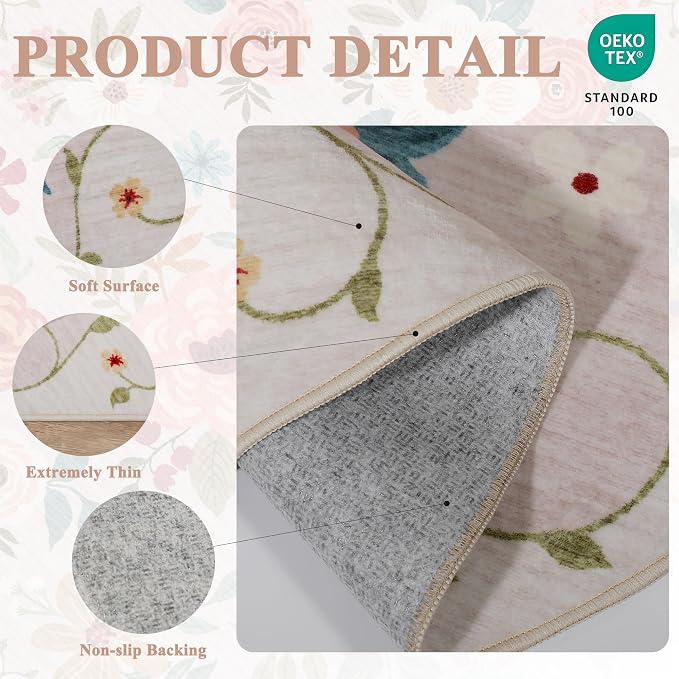 DUKINO Floral Round Rug, 6ft Washable Circle Rug, Non Slip Indoor Low Pile - Image 5