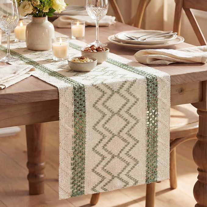 Artoid Mode Sage Green Stripe Diamond Woven Table Runner 12x120 Inch | Holiday by ArtoidMode