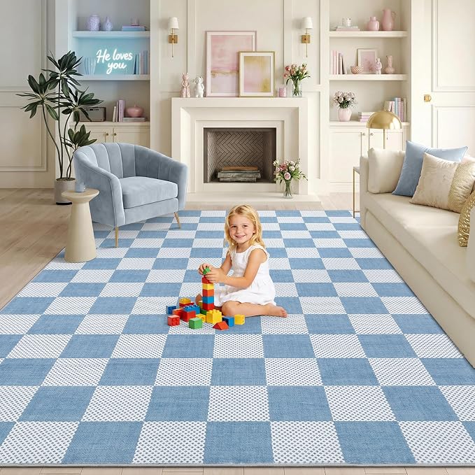 GarveeHome Checkered Light Blue and White 9x12 Area Rugs by GarveeHome