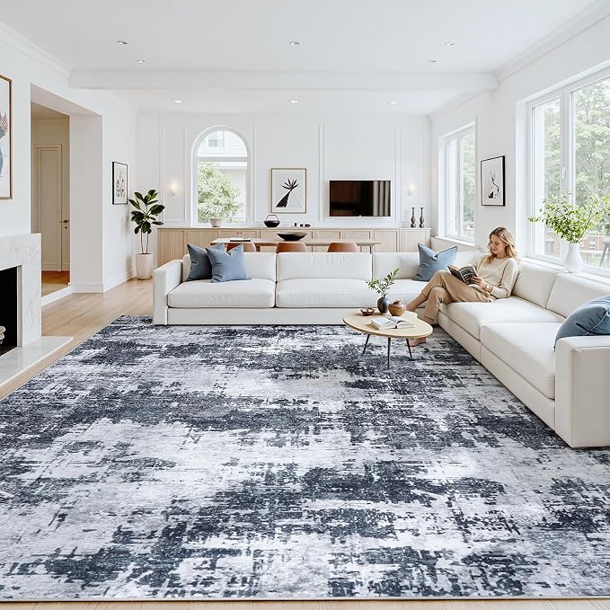 8x10 Area Rugs for Living Room Washable: Abstract Soft Thin Low Pile Black Rug by Oriannal