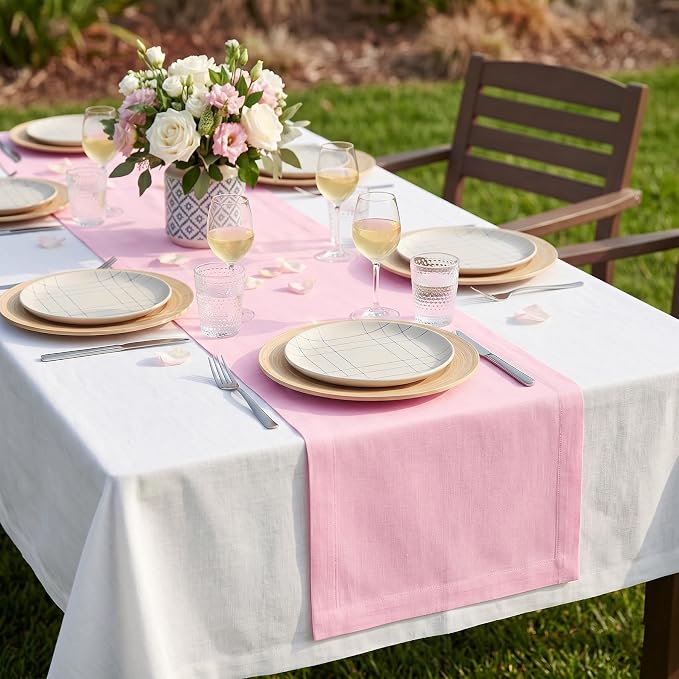 Solino Home 100% Pure Linen Table Runner Pink, Fete 14 x 132 Inch Long | Table - Image 2