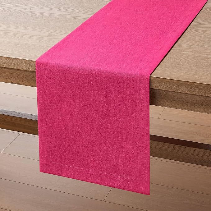 Linen Textured Border Table Runner, 14 x 108 Inch Hot Pink | Mitered Corner - Image 7