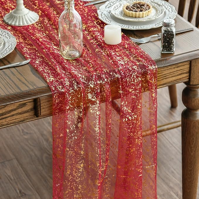 Artoid Mode Red Gold Gauze Table Runner 120 Inch 10FT, Glitter Metallic Foil by ArtoidMode