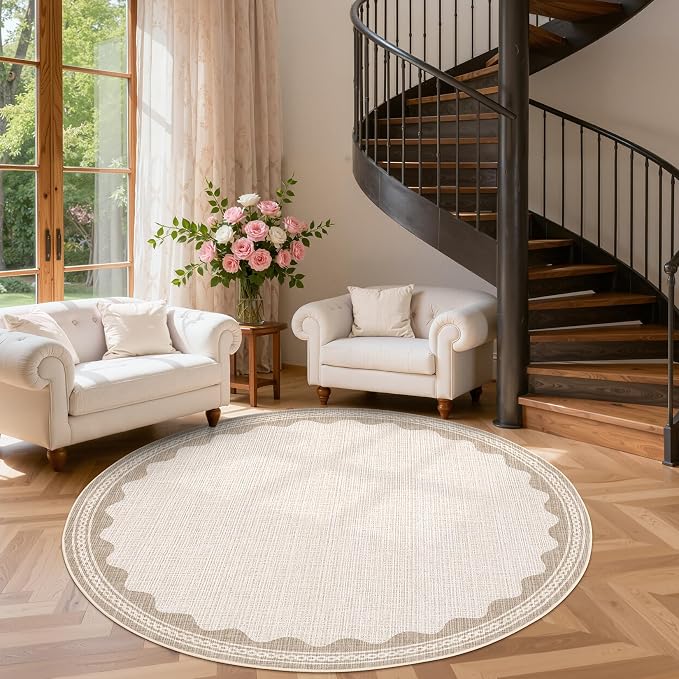 GarveeHome Scalloped Beige 4ft Round Rug Washable Non-Slip Soft Ultra-Thin - Image 2