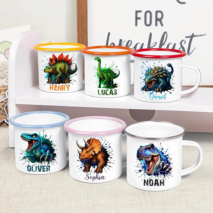 Personalized 12 oz Enamel Mug with Name - Custom Camping Coffee Mugs for Home, Work, Travel, Camping - Birthday Christmas Gift for Family Friend (Splash-Ink Dinosaur)