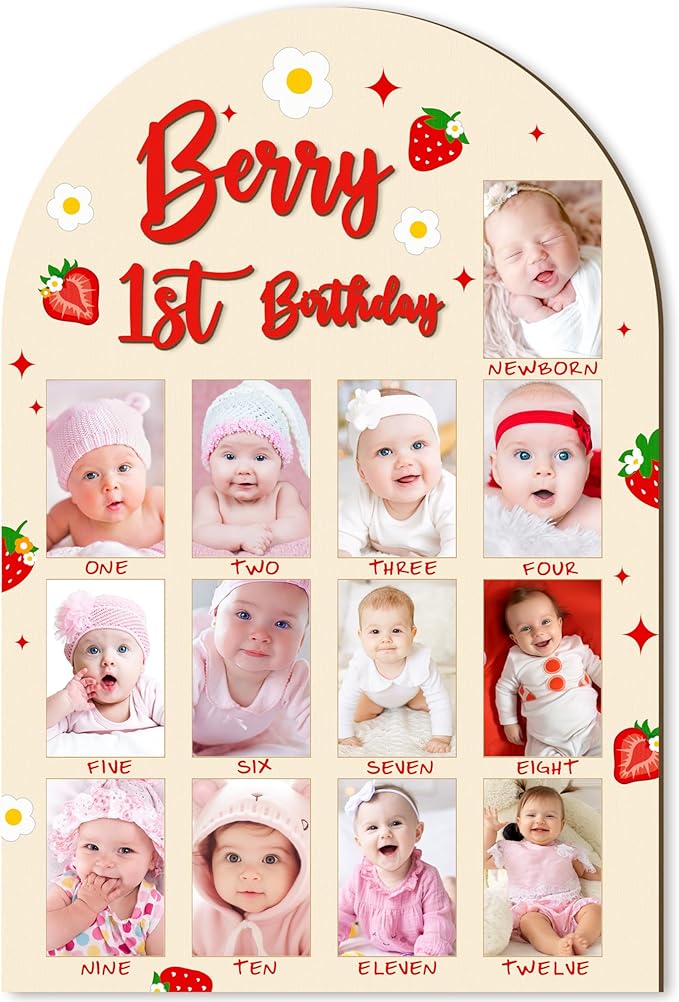 R HORSE 3D Berry 1st Birthday Wood Photo Display Board, Adorable Strawberry Baby's First Year Picture Frame, 1-12 Months Milestone Board Birthday Decorations Keepsake Gift for Baby Girls Nursery Decor
