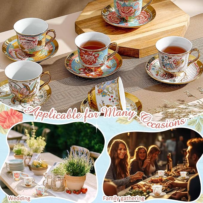 Teenyyou Set of 12 Tea Cups and Saucers Tea Party Decorations Floral Porcelain - Image 5