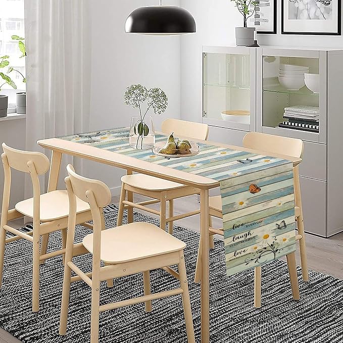 Daisy Floral Table Runner, Spring Summer Floral Flower Blue Wooden Boards Boho - Image 3