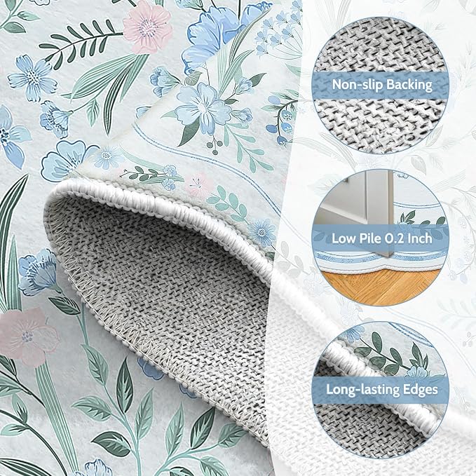 Blue Floral Area Rug 5x7, Washable Scalloped Boho Carpet - Image 6
