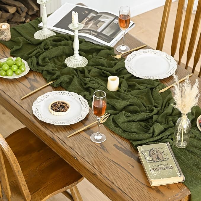 Artoid Mode Boho Cheesecloth Gauze Olive Green Wedding Table Runner, 160 Inch - Image 4