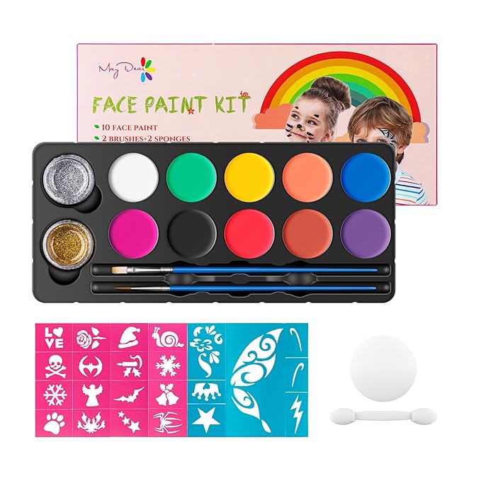 Maydear Face Painting Kit for Kids with 12 Colors Safe and Non-Toxic Large Water Based Face Body Paint, Professional Face Paint Kit - 10 Matte+2 Glitter