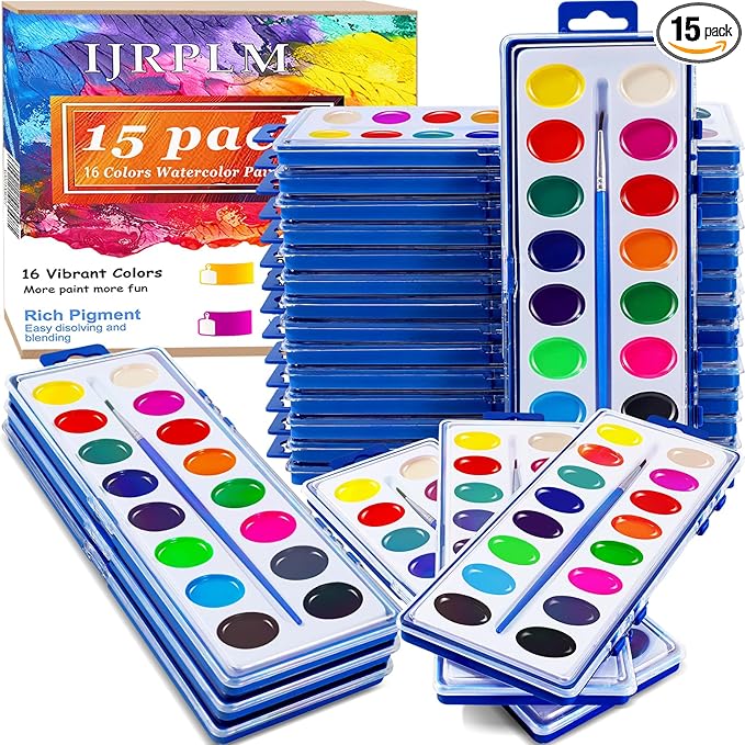 15 Pack Watercolor Paint Set for Kids, 16 Colors Washable Water Colors with Paint Brushes, Washable for Classroom Party Favor Art Activities