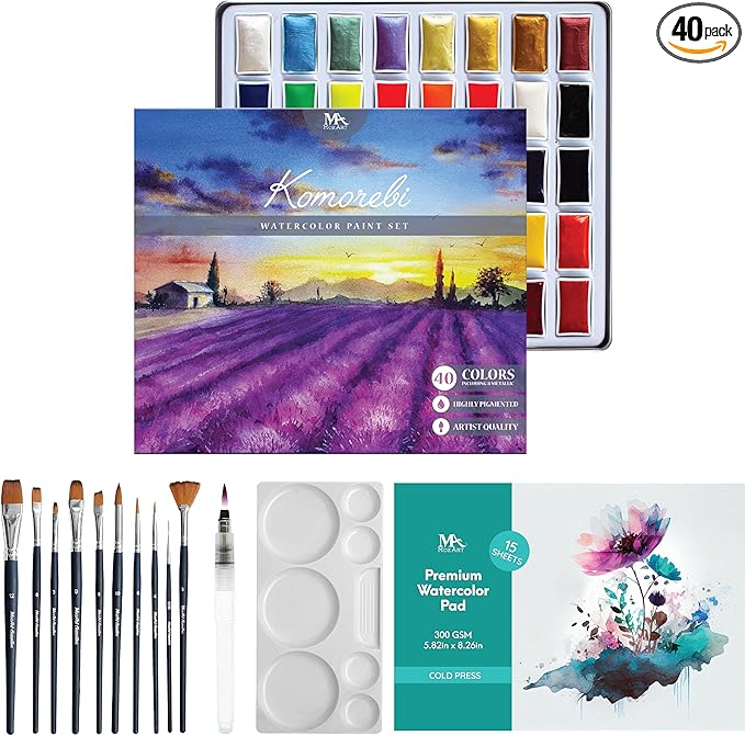Mozart Japanese Watercolor Paint Set - Komorebi Art Kit with 40 Color Pans - 10 Watercolor Brushes - Paint Palette, Brush Pen & Paper Pad - Complete Supply for Adults, Kids & Students