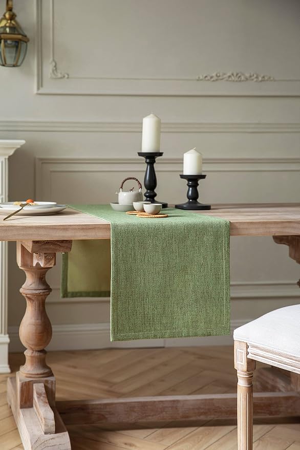 Burlap Style Farmhouse Table Runner, 14x72 Inches Grass Green | Thick Durable - Image 2