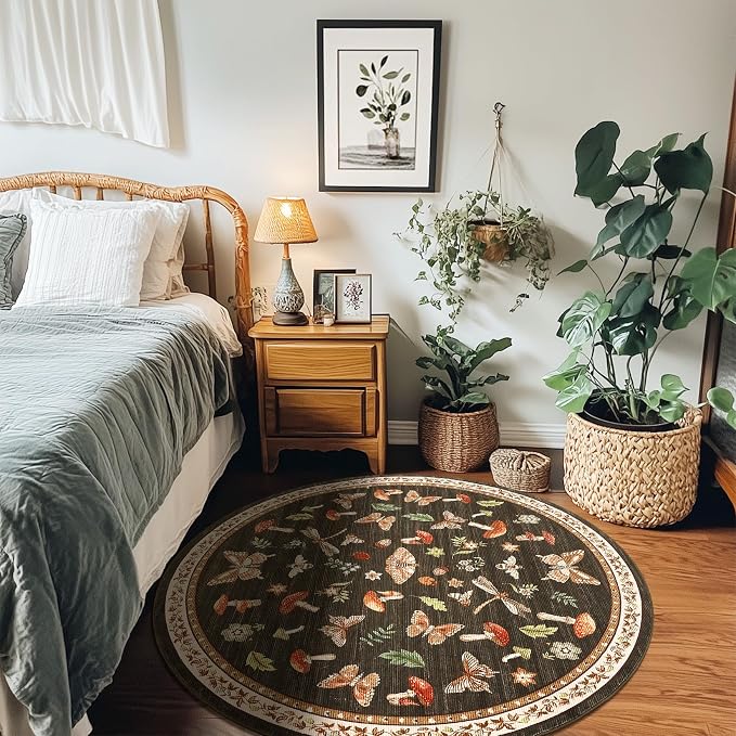 Mushroom Insect 6ft Round Rug Washable Non-Slip Soft Ultra-Thin Boho Circle - Image 2