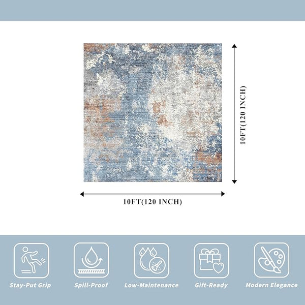10x10 ft Square Living Room Rug – Washable Modern Abstract Area Rug - Image 2