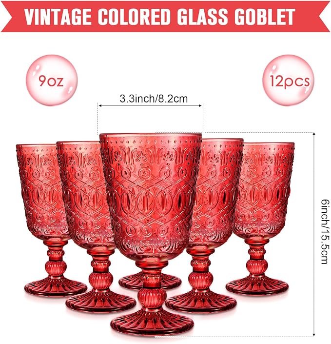 Eaasty Wine Glasses Set of 12 Vintage Goblet 9 oz Vintage Colored Glass Goblet - Image 2