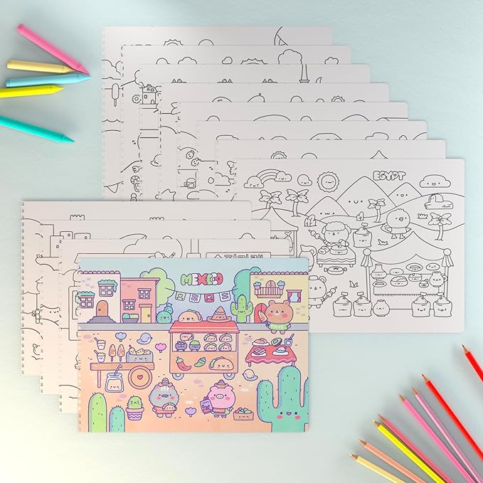 Girly Sticker Book Activity for Kids, Cute Foods Around The World by Cupkin, Toddler Airplane Travel Essentials, 500+ Stickers for Kids 12 Scenes + Coloring Book Pages, Crafts Ages 2-8