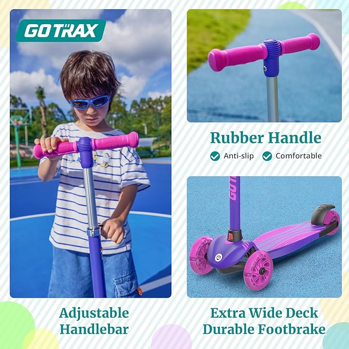 Gotrax KS1 Kids Kick Scooter, LED Lighted Wheels and 3 Adjustable Height Handlebars, Lean-to-Steer & Widen Anti-Slip Deck, 3 Wheel Scooter for Boys & Girls Ages 2-8 and up to 110 Lbs