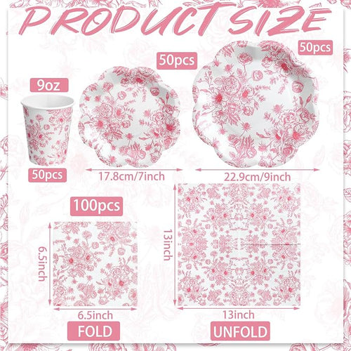 250 Pcs Pink Floral Disposable Paper Plate Napkins | Disposable Paper Set - Image 2