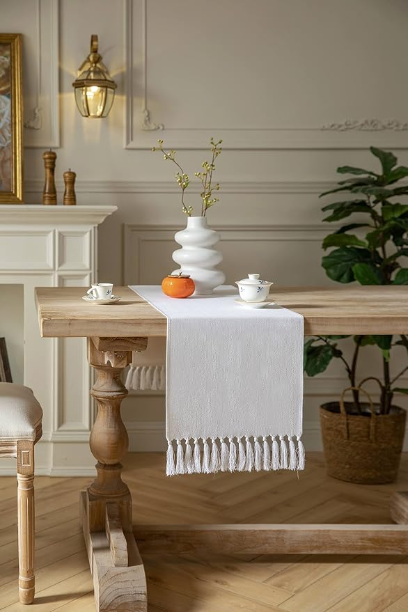 White Table Runners 60 Inches Long, Burlap Linen Style Rustic Farmhouse Table - Image 3