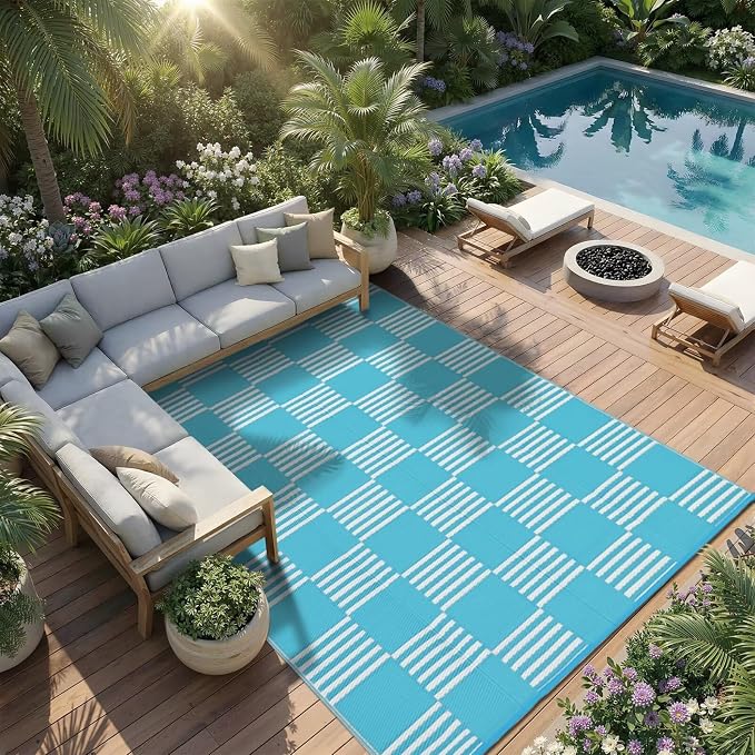 Garvee Waterproof Outdoor Rug 8x10, Checkered Foldable Plastic Straw Patio - Image 6