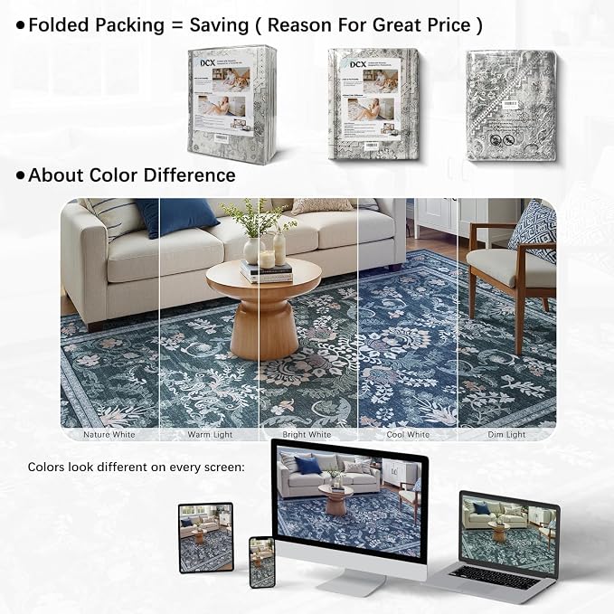 DCX Navy Blue 8x10 Area Rug, Machine Washable Non Slip Stain Resistant Soft - Image 8